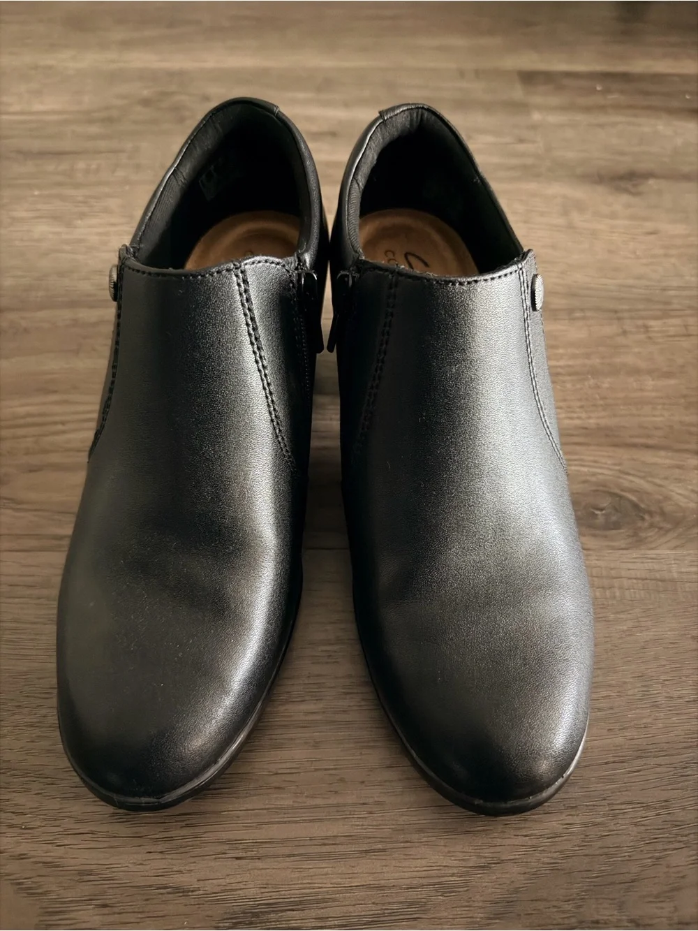 Clarks Collection Black Leather Ankle Booties Side Zip Block Heel